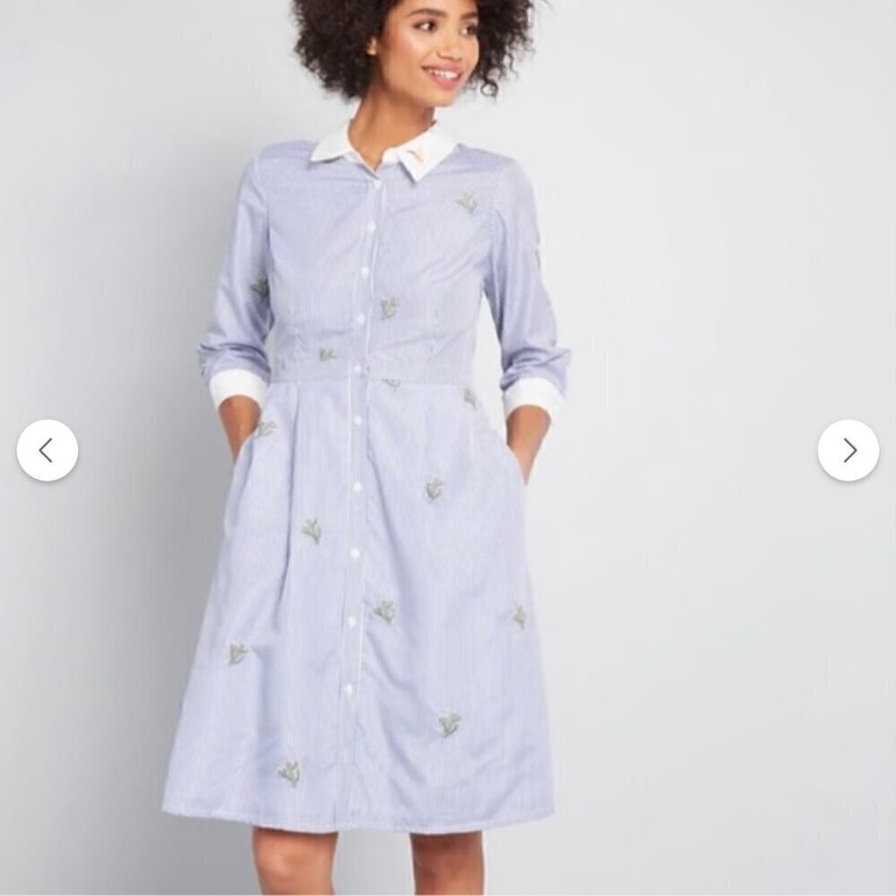 ModCloth Shirt Dress Blue White Stripes Cactus & Humming Bird Button Up Size 4
